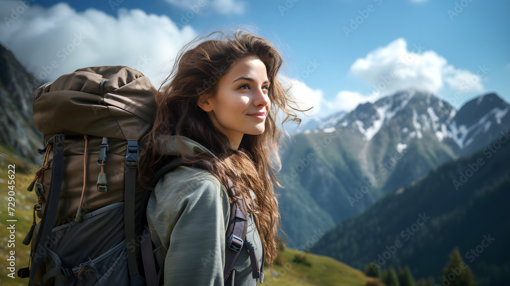 Naklejka premium beautiful young woman tourist with a backpack on a hike in the mountains. tourism and outdoor travel.