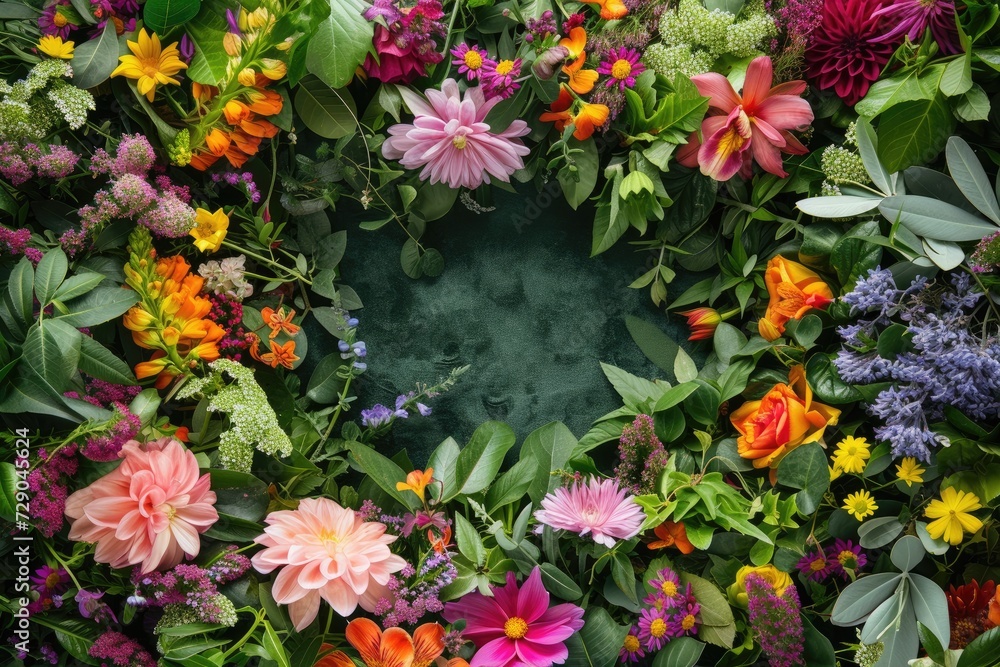 Beautiful floral frame with various flowers on green background Beautiful floral frame with various flowers on green background
