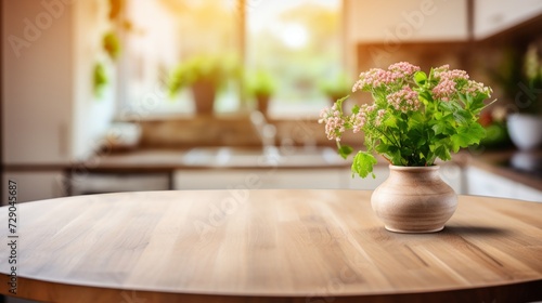 Round wooden table foreground, blurred modern kitchen background, in a welcoming home