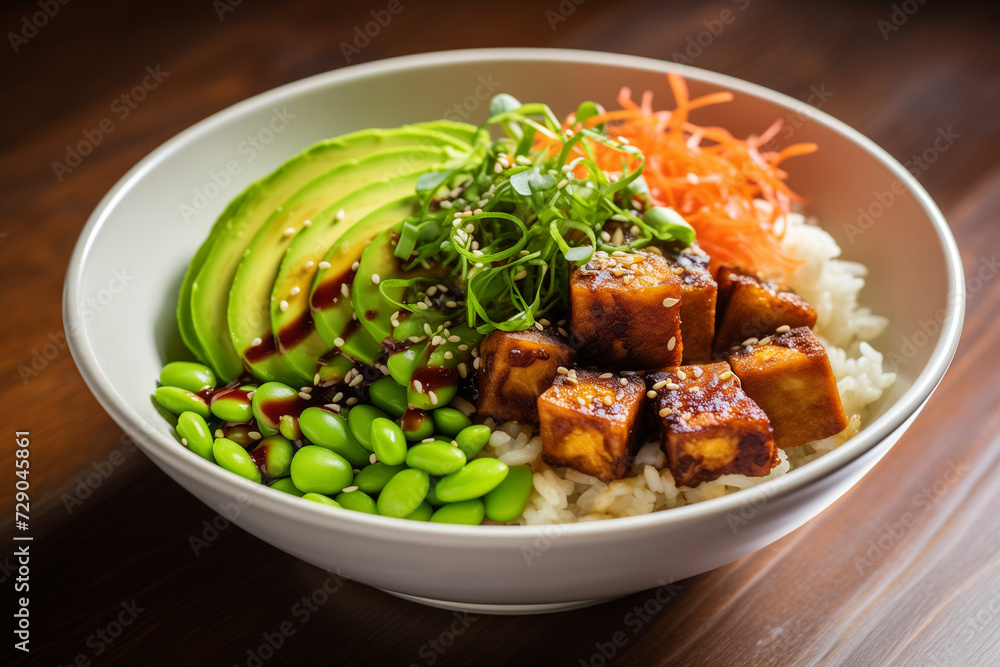 Indulge in a burst of flavors with our Tofu Poke Bowl featuring Edamame and Pickle. A healthy, satisfying bowl for a delightful culinary experience. Indulge in a burst of flavors with our Tofu Poke Bowl featuring Edamame and Pickle. A healthy, satisfying bowl for a delightful culinary experience.