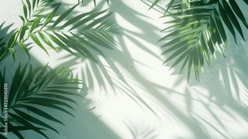 Top view of green tropical palm tree and shadow on white wall background  Minimal fashion summer holiday concept. Flat lay