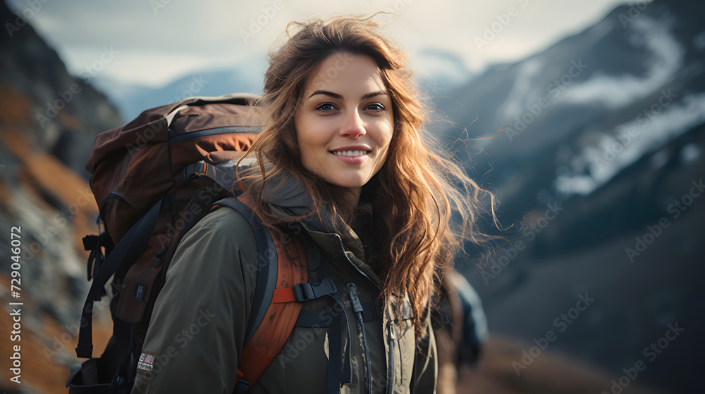 beautiful young woman tourist with a backpack on a hike in the mountains. tourism and outdoor travel. beautiful young woman tourist with a backpack on a hike in the mountains. tourism and outdoor travel.