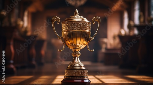 Timeless golden trophy on wooden surface, symbol of achievement