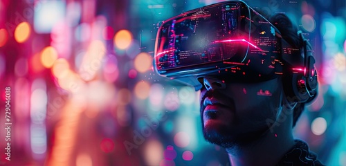 Man immersed in modern virtual world wearing VR goggles amidst city illuminated by vibrant neon lights intersection of technology and innovation futuristic cyber realities meet everyday life photo