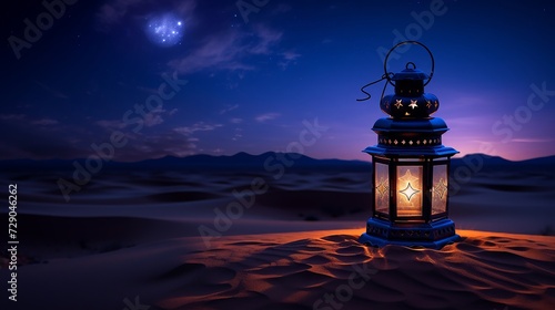 Traditional lantern glowing softly under a crescent moon in the desert