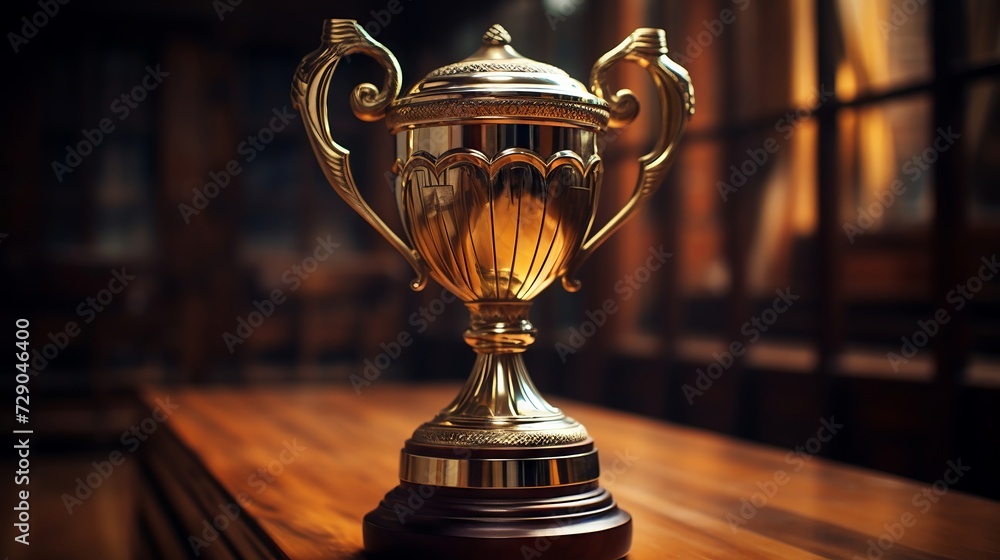 Timeless golden trophy on wooden surface, symbol of achievement Timeless golden trophy on wooden surface, symbol of achievement