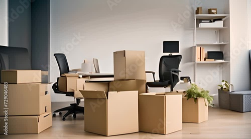 E-commerce and relocation concept with cardboard boxes in empty offices photo