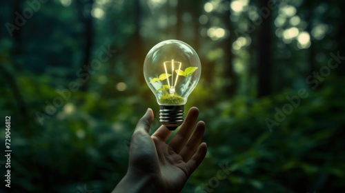 Hand holding a light bulb in green forest