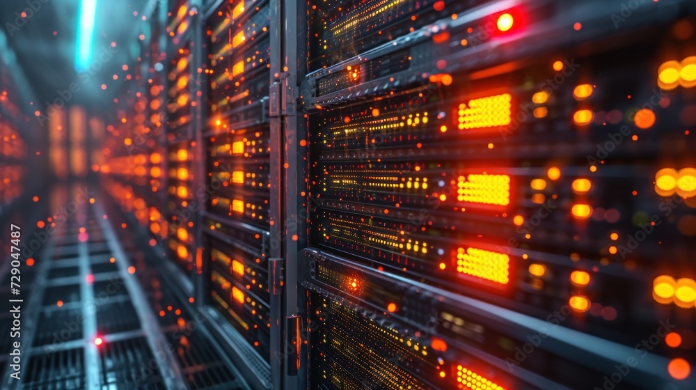 Perspective view inside a data center, with rows of high-capacity server racks illuminated by intense red LED lights, symbolizing digital power and data storage. Perspective view inside a data center, with rows of high-capacity server racks illuminated by intense red LED lights, symbolizing digital power and data storage.