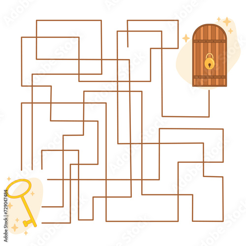 Maze game. Choose the way to open a locked door with the golden key. Children's educational games. Vector illustration for worksheet, activity book.