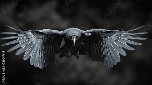 Captured in a close-up, a magnificent raven spreads its wings wide open in flight, revealing the intricate details of its feathers against a dark background, creating a mesmerizing image.