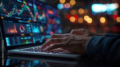 In a dark, high-tech environment, a close-up captures the hands of a professional typing on a laptop, with multiple screens displaying complex data analytics and graphs.