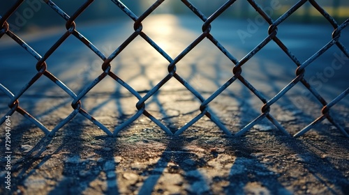 As the day comes to a close, the golden hour light delicately filters through a chain-link fence, painting intricate shadows on the pavement and invoking a sense of serenity.