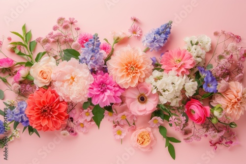 Floral composition on a pink background, space for text, concept of Valentine Day, Mother Day, Women Day, wedding day