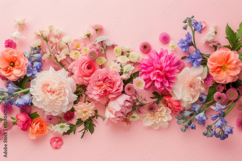 Floral composition on a pink background, space for text, concept of Valentine Day, Mother Day, Women Day, wedding day
