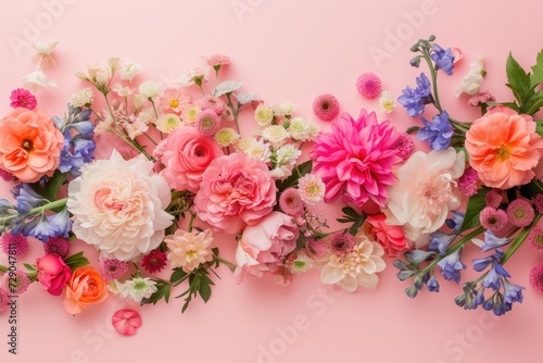Floral composition on a pink background  space for text  concept of Valentine Day  Mother Day  Women Day  wedding day