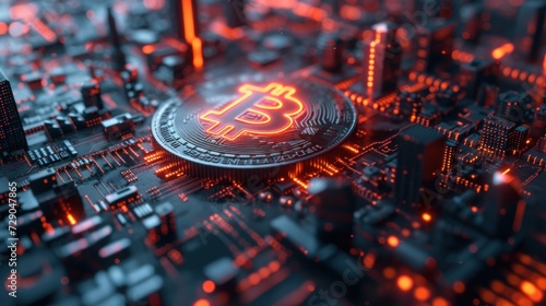In a visual representation, a Bitcoin coin takes center stage against a complex circuit board pattern, conveying the advanced technology powering cryptocurrencies.