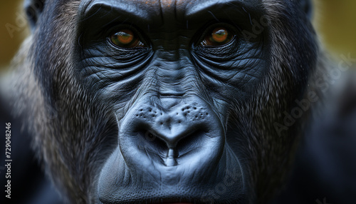 A close-up portrait of a gorilla's face with orange eyes, against a blurred background © Seasonal Wilderness