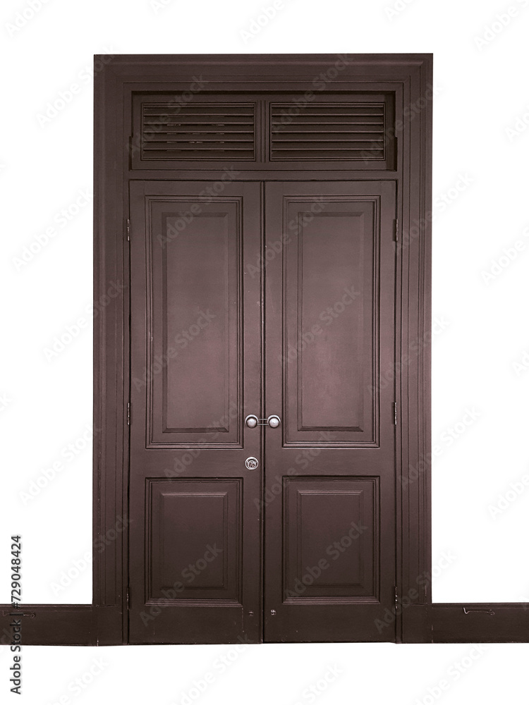 Wide closed brown door, transparent background