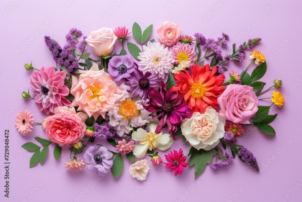 Floral composition on a purple background, concept of Valentine Day, Mother Day, Women Day, wedding day Floral composition on a purple background, concept of Valentine Day, Mother Day, Women Day, wedding day