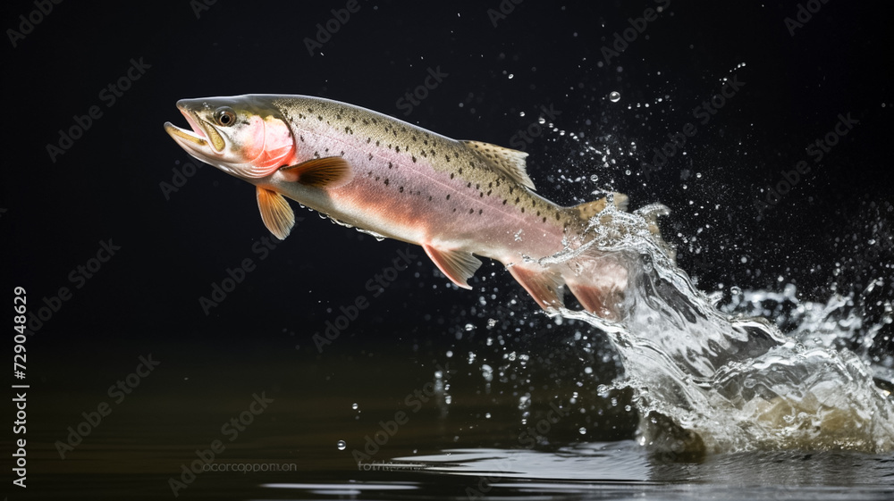 Rainbow trout fish jumping with splashing in water isolated on black background. Fishing concept. Rainbow trout fish jumping with splashing in water isolated on black background. Fishing concept.