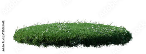 Round surface patch covered with flowers, green or dry grass isolated on white background. Realistic natural element for design. Bright 3d illustration. photo