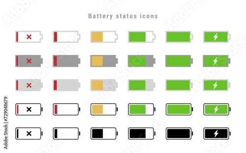 バッテリーの残量と充電中のアイコン・イラスト素材セット