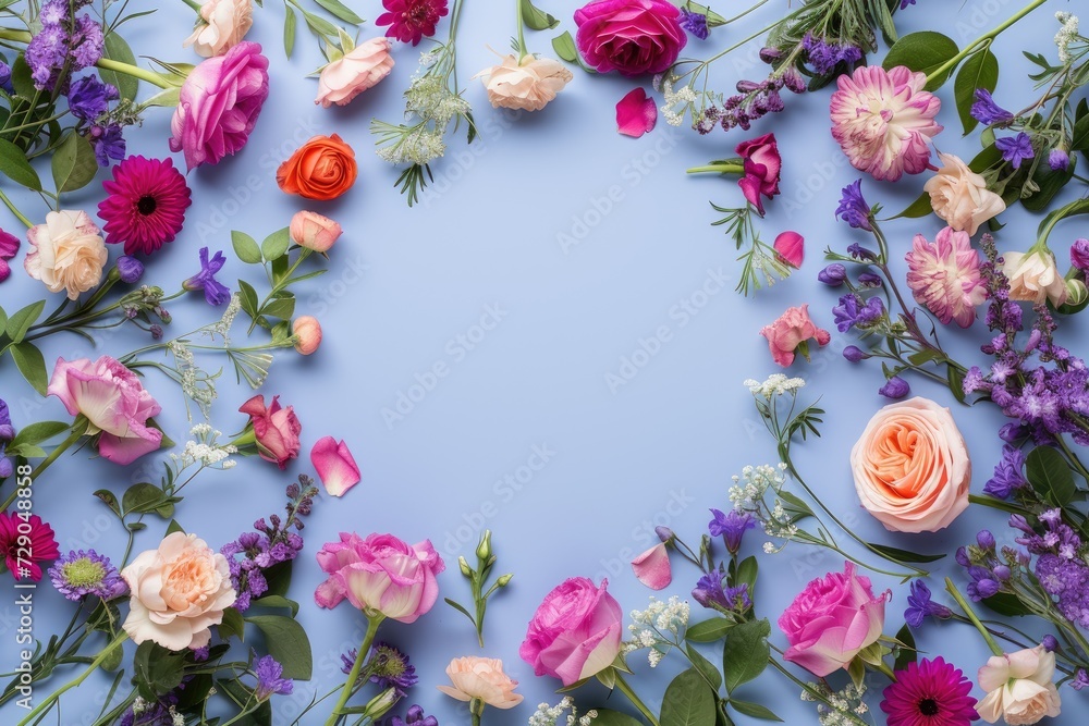 Floral composition on a purple background, space for text, concept of Valentine Day, Mother Day, Women Day, wedding day