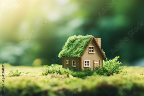 Miniature house with moss on lawn