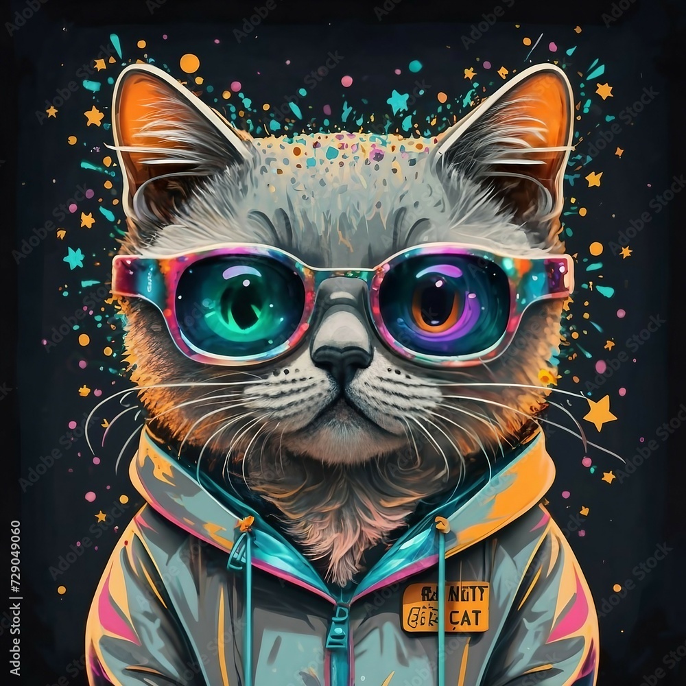 Fototapeta A cute delicate cat looking at the camera and wearing a colorful hoodie and glasses with a beautiful background.