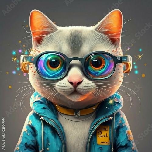 A cute delicate cat looking at the camera and wearing a colorful hoodie and glasses with a beautiful background.