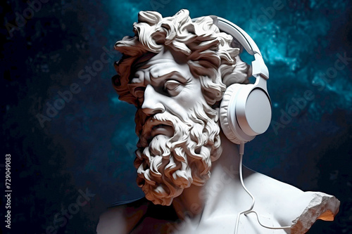 Ancient marble god statue listening to music with headphones © Denis
