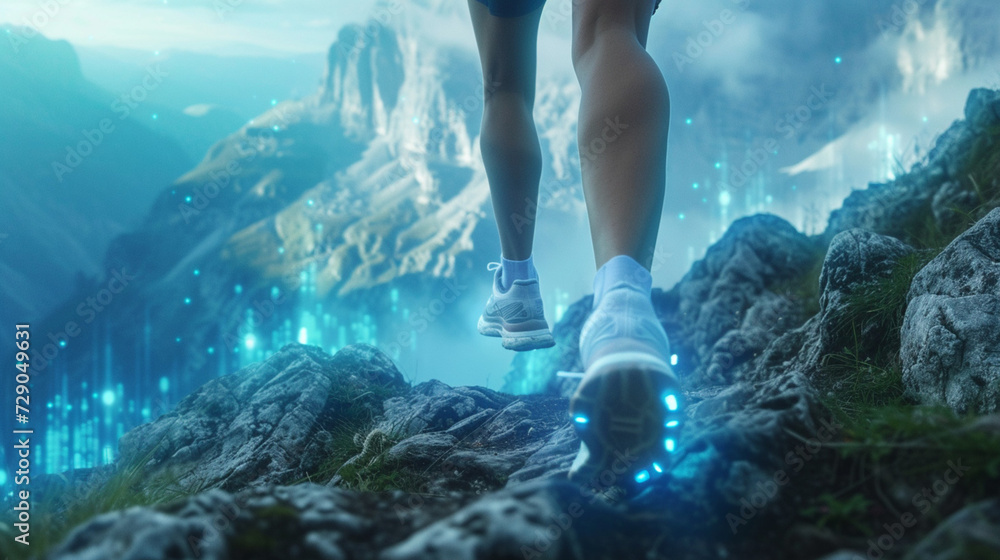 Low angle man running on the mountain for health and diet concept with blue hologram. - obrazy, fototapety, plakaty 