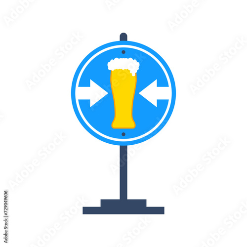 Glass of beer and road sign with arrows. Vector drawing.