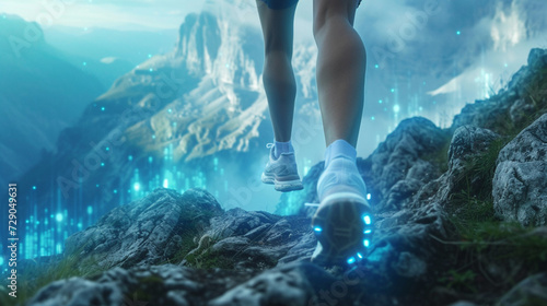 Low angle man running on the mountain for health and diet concept with blue hologram. photo