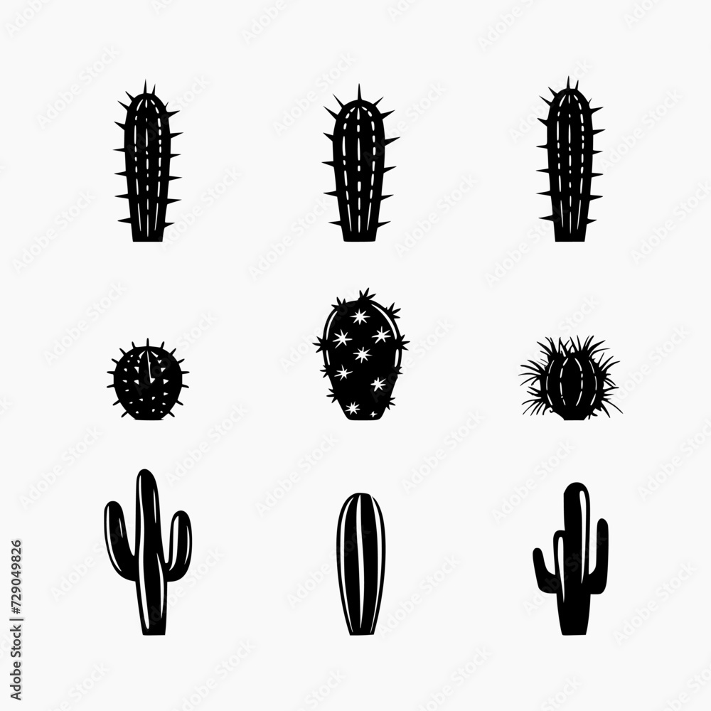 Cactus silhouettes illustrated on white, Desert symbol. Flat design. Cactus silhouettes illustrated on white, Desert symbol. Flat design.