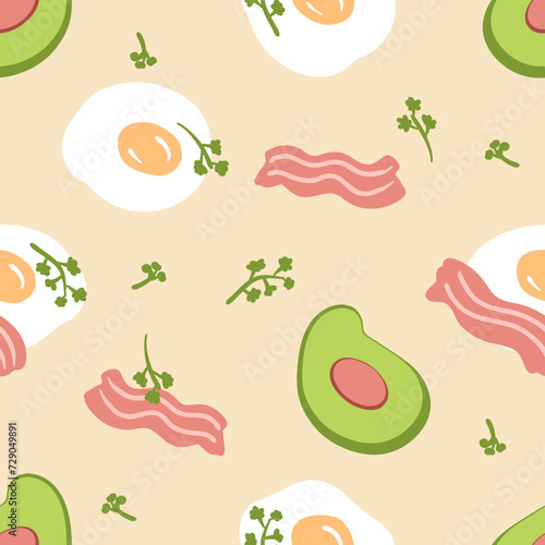 Hand drawn seamless pattern with fried eggs, avocado and bacon. Aesthetic meal print for paper, fabric, textile. Food background vector illustration.