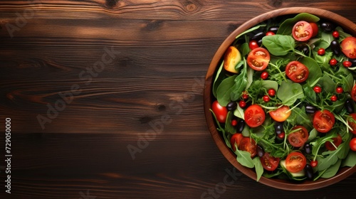Fresh salad in a bowl on a wooden table, viewed from the top.
