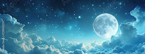 Night sky adorned with clouds stars and luminous moon creating beautiful celestial tableau scene captures tranquil and romantic essence of galaxy mysteries of universe unfold against starry backdrop