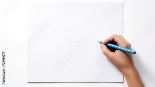 Hand writes on blank paper using a blue pencil  set against a white background.