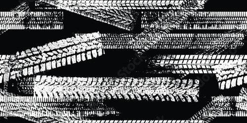 Tire track seamless pattern. Grange tread marks .Grunge textured vector car tread . Car trails endless pattern texture. Tyre track seamless texture. Wheel tire tread track background
