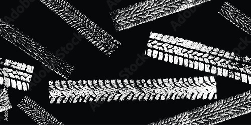 Tire track seamless pattern. Grange tread marks .Grunge textured vector car tread . Car trails endless pattern texture. Tyre track seamless texture. Wheel tire tread track background