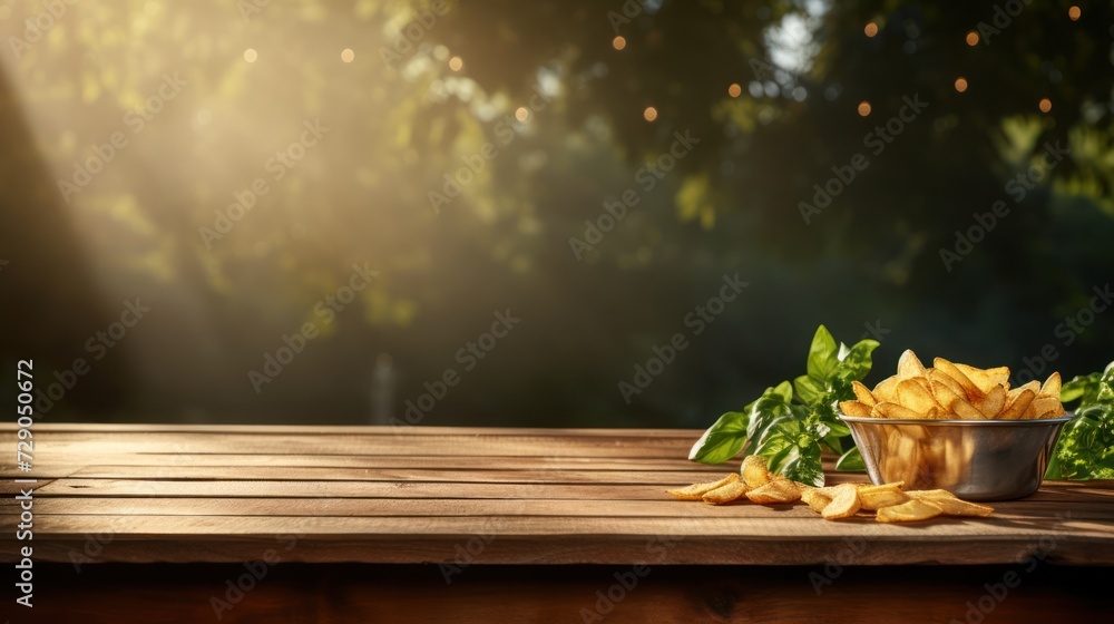 Delicious French fries arranged on a wooden garden table, surrounded by nature's beauty.