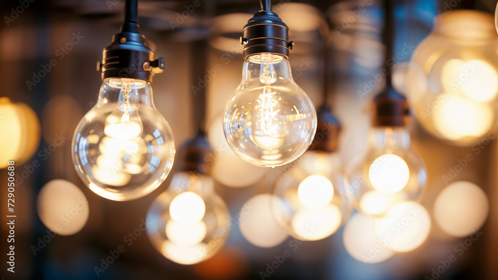 Closeup of hanging modern LED light bulbs with blurry bokeh background. Warm lighting, Closeup of hanging modern LED light bulbs with blurry bokeh background. Warm lighting,