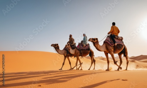 Sunset camel ride across golden desert sands