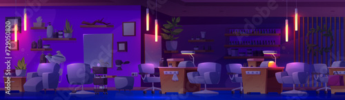 Empty dark beauty salon interior at night with light from lamps  hair cut and styling equipment  manicure specialist workplace. Cartoon room inside with armchair  mirror  sink and cosmetics on shelf.