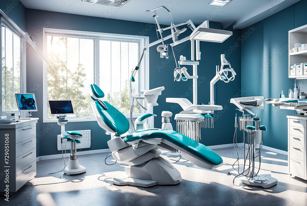 Dental equipment in dentistry room in new modern stomatological clinic office. Background of interior dental chair and accessories used by dentists in blue color. Copy space, text place