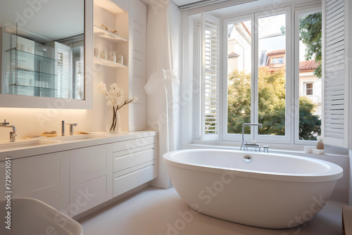 Bright bathroom with windows. Spacious hygiene room with large bathroom. Cozy modern bathroom with soft beige facades