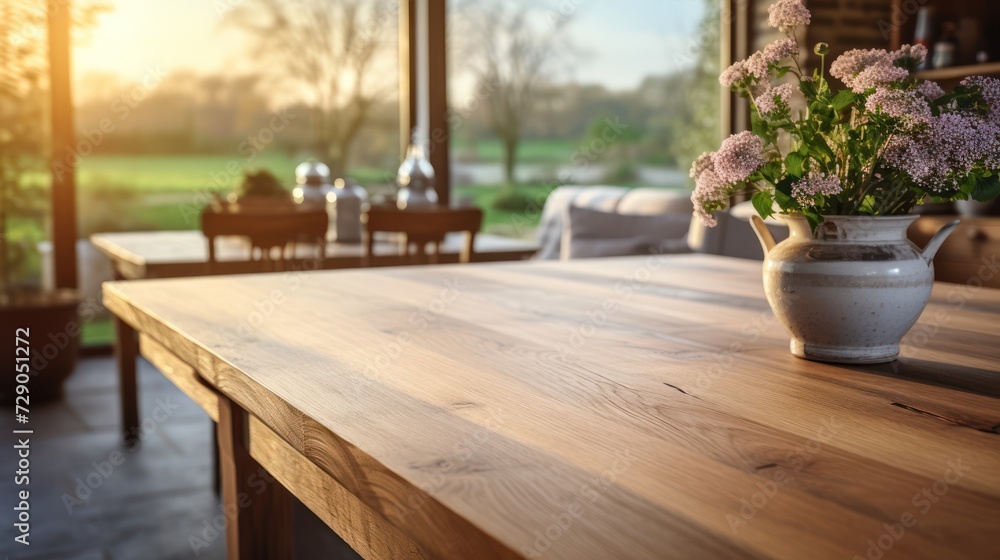 Empty wooden tabletop graces the kitchen, highlighted by lush greenery in the foreground.
