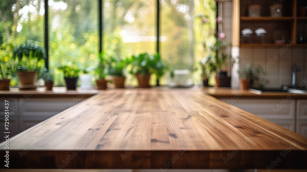 Empty wooden surface graces the kitchen, with verdant plants stealing the spotlight in the foreground. Empty wooden surface graces the kitchen, with verdant plants stealing the spotlight in the foreground.